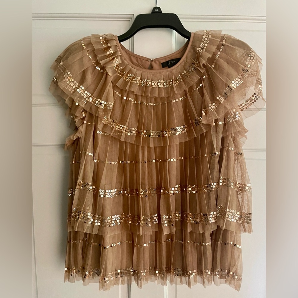 J Crew ruffle tulle sequins top